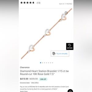 Kay Jewelers Rose Gold and Silver Diamond Heart Bracelet